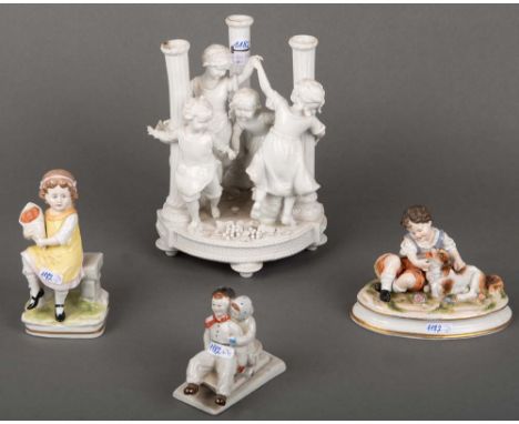 Vier Kindergruppen. Sitzendorf u.a., 20. Jh. Porzellan, meist bemalt, teilw. gemarkt, H=8,5 bis 23 cm. (besch.)