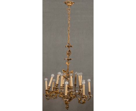 16-flammige Deckenlampe. Frankreich 19. Jh. Vergoldete Bronze, H=160 cm, D=75 cm. (Funktion ungeprüft) **