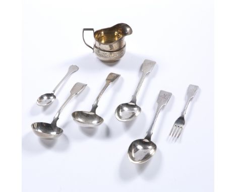 Selection of silver to include:  small cream jug, two serving ladles, spoons, fork etc 419g approx overall