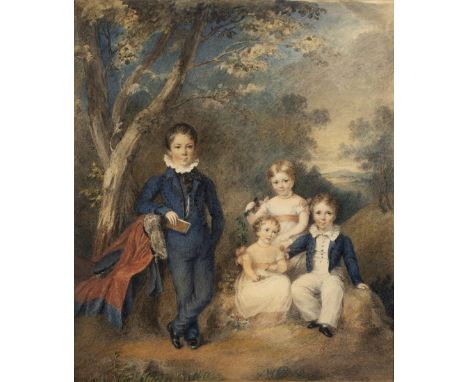 English School (Early 19th Century)  Portrait of a young boy with Siblings in a landscape, watercolour, 38cm x 32cm 