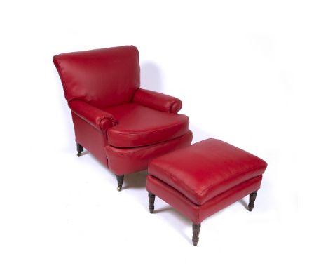Re-upholstered red leather armchair circa 1900, on stained mahogany supports with brass castors, stamped 1642 W.B. (William B