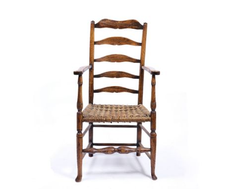 Oak and ash ladder-back chair 19th Century, with rustic wicker seat, 60cm across, 115cm high