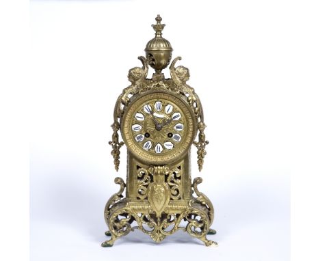 Brass cased mantel clock French, 19th Century, with white enamel mounted Roman numerals, the movement stamped ' 273, 72', 38c
