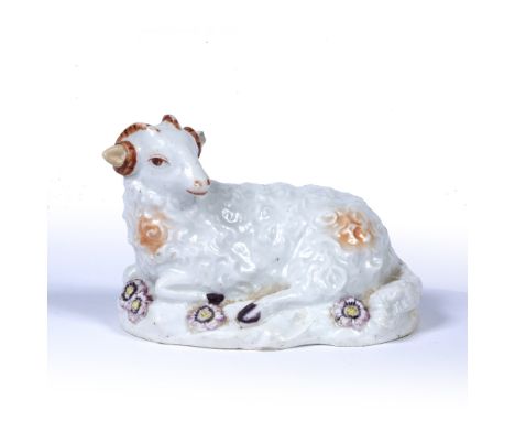 Derby model of a recumbent ram circa 1765-70  patch marks to the base, 8cm x 5.5cm 