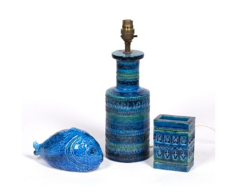 Aldo Londi (1911-2003) for Bitossi pottery  blue glazed table lamp, 26cm high, rectangular vase, 12cm high and a model of a f