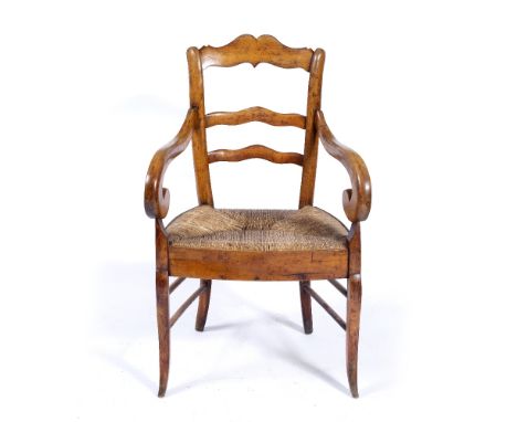 Country beechwood armchair 19th Century, with rush seat and ladder back, 55cm across, 95cm high