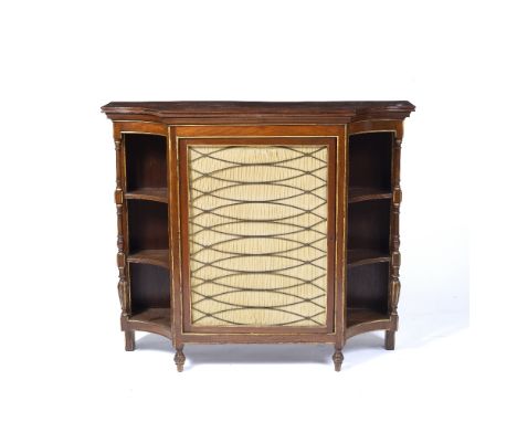 Mahogany small chiffonier/side cabinet 19th Century, with gilt brass grille and central silk lined panel doors flanked by ope