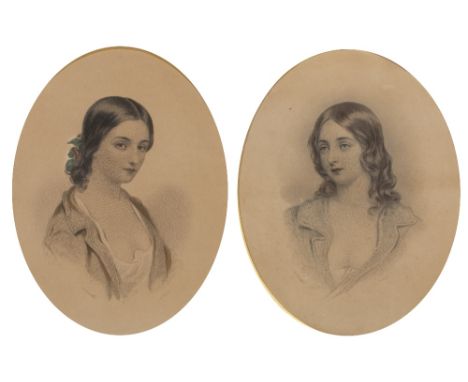 Pair of oval lithographs 19th Century, each depicting a sentimental portrait of a young girl,by Jas Fisher and F Holl, in gil