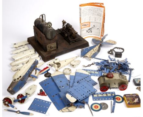 Collection of tinplate vintage toys, to include:  Mar Toys, Louis Marx &amp; Co Ltd clockwork tank, Meccano tinplate plane se