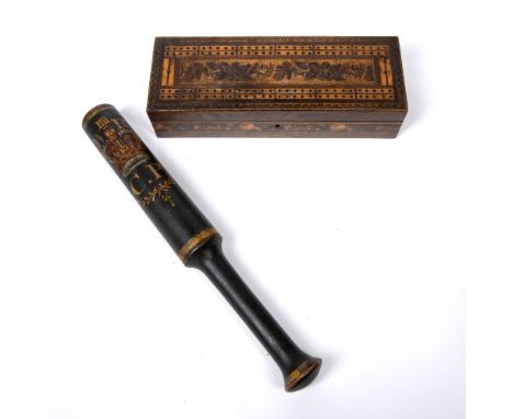 Painted truncheon William III with coat of arms, monogrammed C.P, and dated 1830, 34cm long and a Tunbridge ware cribbage box