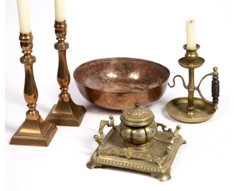 Pair of copper candlesticks  25cm high, brass inkwell with embossed decoration, candlestick and a copper bowl (5)
