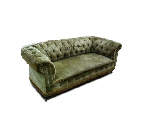 Green silk button upholstered Chesterfield sofa  198cm wide, 94cm deep, 72cm high (On-line only. Collection from our warehous