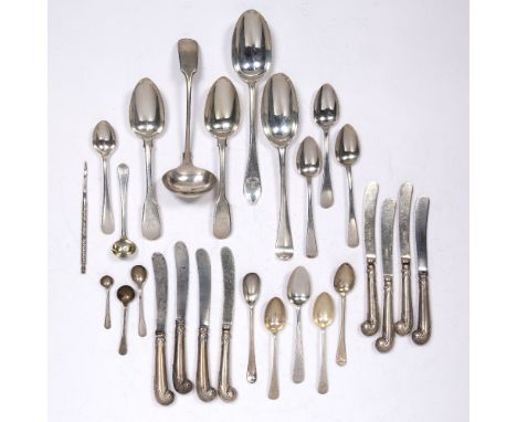 Collection of silver cutlery to include: silver handled knives, EPNS ladle etc 