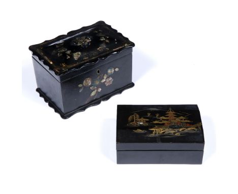 Inlaid lacquered tea caddy  with two division interior and mother of pearl handles, 19cm wide x 13cm deep x 12cm high and one