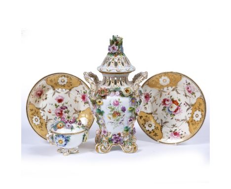 Large German porcelain pot pourri jar and cover  encrusted with flowers, 33cm high and a similar smaller pot and cover, 11cm 