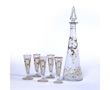 In the manner of Moser glass  enamel painted decanter, 29.5cm high and five conical glasses, 10cm high (6)