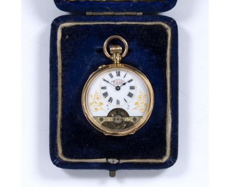 Yellow metal Hebdomas style pocket watch  Swiss, marked '18k' with Helvetia mark, white enamel dial 'West End Watch Co 8 Days