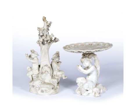Derby Parian ware figure group  depicting figures around a tree with incised marks to the underside, 28cm high and Royal Worc