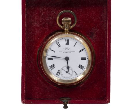 Yellow metal half-chronometer pocket watch  Swiss, marked '18k' with Helvetia mark, white enamel dial with Roman numerals and