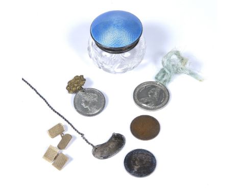 Collection of silver and medals to include:  cut glass pot with blue guilloche enamel lid, two mismatched 9ct gold cufflinks,