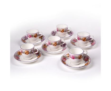 Royal Worcester coffee set comprising six cups and saucers, each with a band of flowers