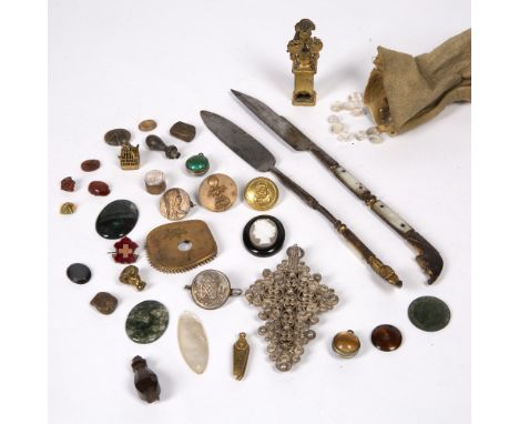 Collection of miscellaneous items to include:  cigar cutter, loose moonstones, intaglio seals, white metal crucifix pendant e