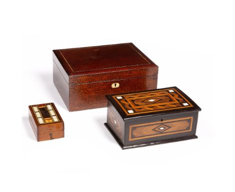 Victorian inlaid box 23cm wide x 10cm high x 15cm deep, a cribbage board box and one other (3)