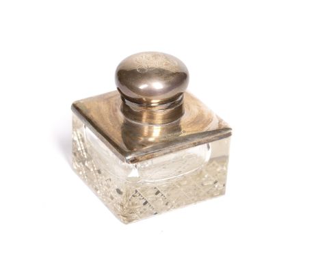 Silver mounted hobnail cut glass inkwell bearing marks for Henry Clifford Davis, Birmingham, 1905, 8cm wide 