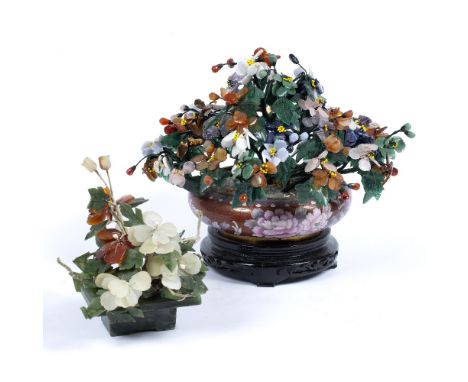Hardstone model tree Chinese, 20th Century, in a cloisonne bowl and with stand 18cm high and a smaller similar model in a jad
