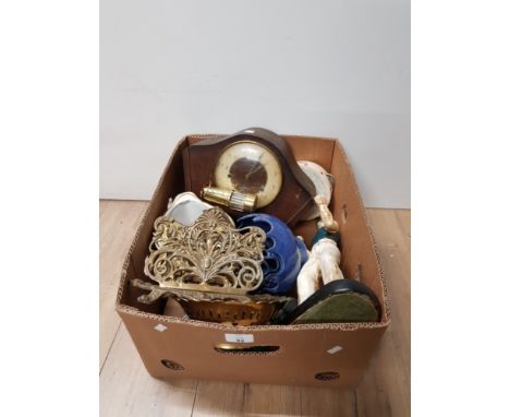 A BOX CONTAINING INC MINI BRASS MINERS LAMP OAK MANTLE CLOCK ETC