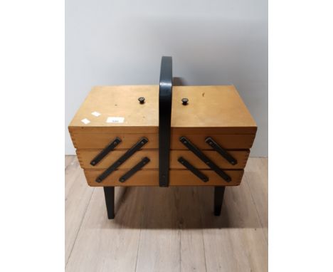 VINTAGE TEAK CANTILEVER SEWING BOX WITH CONTENTS