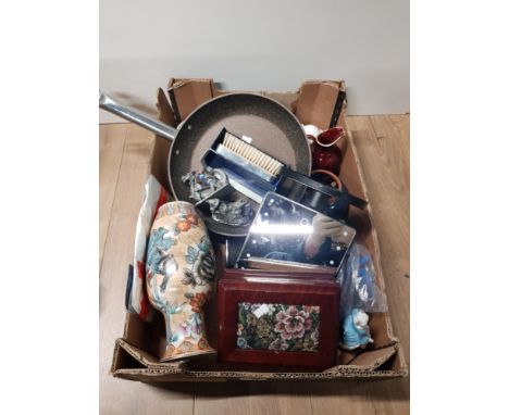 A BOX OF MISCELLANEOUS INC BOXED PEWTER ROONEY BRUSH MYTH AND MAGIC PEWTER ORNAMENTS ETC