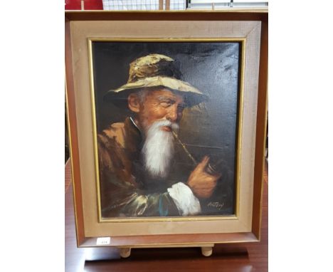 FRAMED OIL ON CANVAS PAINTING PORTRAIT OF OLD MAN SIGNED ANTONY