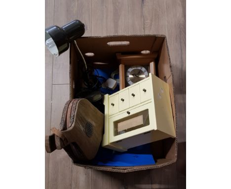 MIXED LOT COMPRISING OF DESK LAMP AND VINTAGE WOODEN BELLOWS PLUS MODERN MANTLE CLOCK AND JEWELLERY BOX ETC
