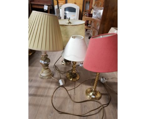 3 BRASS TABLE LAMPS AND SHADES TOGETHER WITH DECORATIVE MARBLE BASED TABLE LAMP