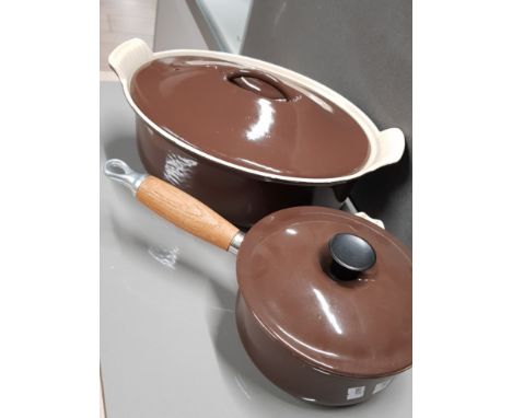 2 PIECES OF VINTAGE BROWN LE CREUSET CASSEROLE POT AND LIDDED SAUCEPAN