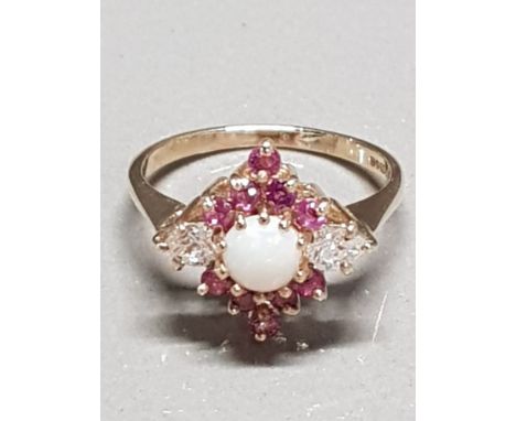 9CT GOLD OPAL CZ AND PINK STONE CLUSTER RING SIZE M GROSS WEIGHT 3G