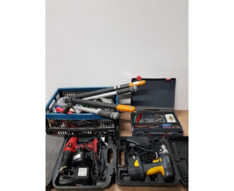 A LARGE LOT OF TOOLS INC BOXED DRILLS AND A BOX OF ASSORTED TOOLS