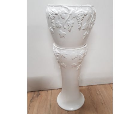 CREAM CERAMIC JARDINERE AND PLANTER BASE WITH A NICE FRUIT DESIGN