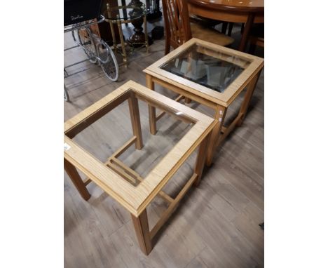PAIR OF LIGHT OAK EFFECT GLASS TOPPED LAMP TABLES
