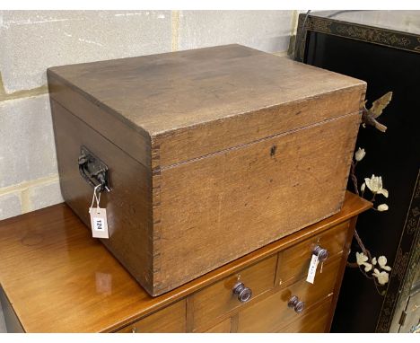 A Victorian oak box, the cover with engraved brass plaque R. Foster Esq., length 56cm, depth 45cm, height 36cm