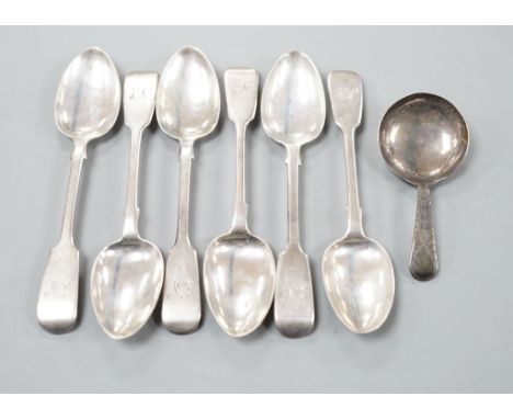 A set of six early Victorian silver fiddle pattern teaspoons, Charles Boyton, London, 1844 and a George IV silver caddy spoon