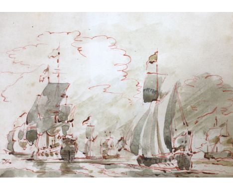 Old Master drawing, red ink and wash, Warships at sea, initialled, 11.5 x 16cm