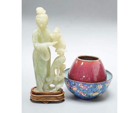 A Chinese bowenite jade figure of a lady, a Canton enamel bowl and a Jun type bud vase, tallest 20 cm high