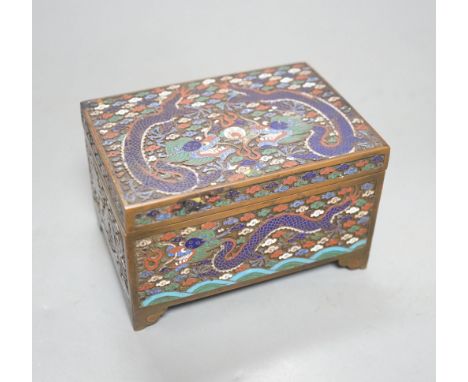 A Chinese bronze and cloisonné enamel ‘dragon’ box and cover, early 20th century,6 cms high x 11.5 cms wide.