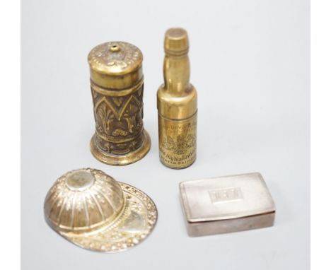 A John Dewar &amp; Sons Old Highland Whisky advertising corkscrew, a silver stamp case, a modern silver jockey cap caddy spoo