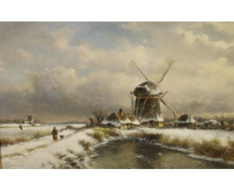 Lodewijk Johannes Kleijn (1817-1897), oil on wooden panel, Winter scene with a windmill, signed, 33 x 51cm