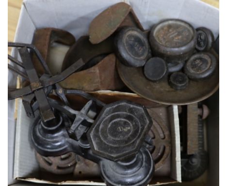 A cast iron boot scraper, weighing scales etc