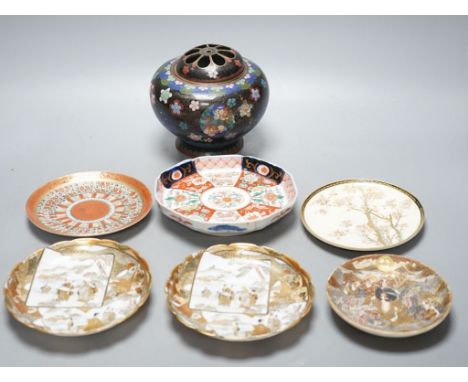 Two Japanese Satsuma pottery saucers, three Kutani saucers, and Imari dish and a Japanese cloisonné enamel koro and cover