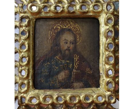 Cusco School, oil on panel, Saint holding a bible, 12 x 11cm, ornate mirrored frame